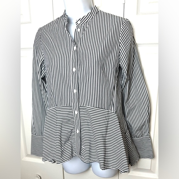 FRENCH CONNECTION Contrasting Summer Stripe Blouse Top Shirt Black White Peplum - Picture 3 of 11